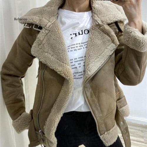 Autumn Winter Thick Warm Suede Jacket Women Casual Loose with Belt Faux Leather Coat Outwear