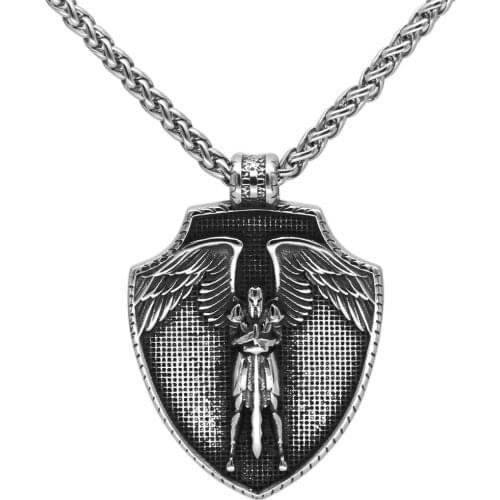 ST.MICHAEL ARCHANGEL CROSS SHIELD PRAYER MEDAL Amulet Stainless Steel NECKLACE