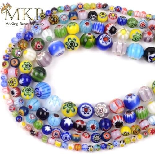 Millefiori Glass Beads Petal Mixed Color Flat Disc Round Beads For Jewelry Making 4-10mm Spacer Loose Beads Fit Diy Bracelet 15"