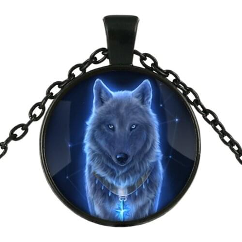 Vintage Glowing Wolf Cabochon Glass Chain Pendant Unisex Necklace Sweater Chain Pendant Necklace Fashion Jewelry Birthday Gifts