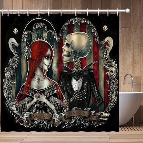 Waterproof Fabric Shower Curtains Couple Sweet Skull Pattern 3D Print Nordic Simple Home Decor Hooks Bathroom Curtian Sets