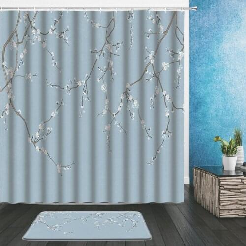 2pcs Chinese Style Painting Scenery Shower Curtains Set Spring Flower Bird Plant Landscape Bath Decor Curtain With Flannel Mat