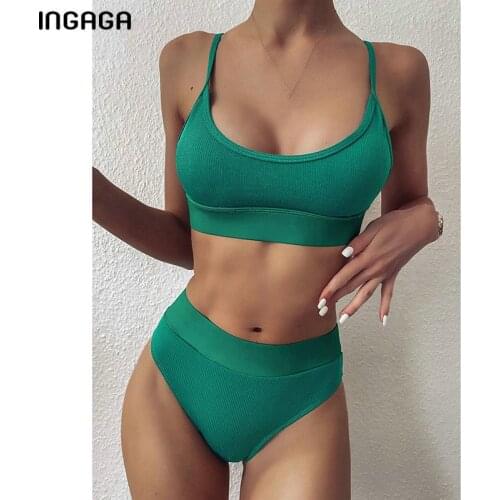 2021 Women Push Up Swimsuits Solid Brazilian Bikini Ribbed Biquini Strap Swim Bathing Suits Vintage Sexy Backless Tankini Set