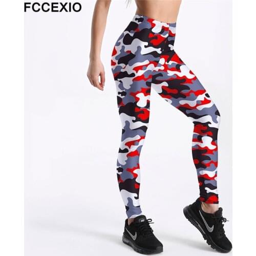 FCCEXIO New Big Size Workout Leggings Mixed Colored Camouflage Print Women Leggings Fitness Leggings Slim Casual Sporting Pant