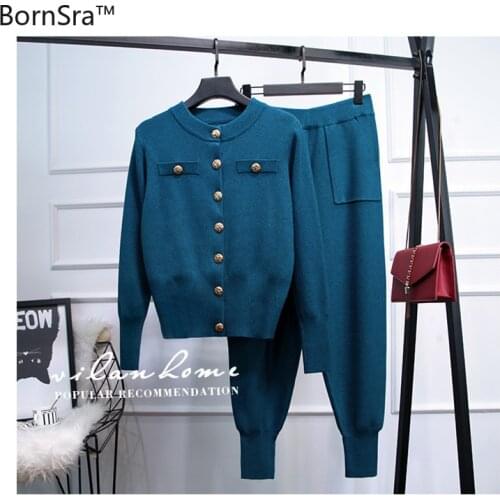Bornsra Winter Women Casual Knit Tracksuit Single Breasted Cardigan Sweater + Pocket Pant Suits Office Ladies Two Piece Outfits