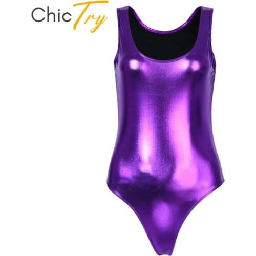 ChicTry Women Shiny Patent Leather Solid Color Sleeveless Ballet Leotard Dance Costume Gymnastics Leotard Sexy Bodysuit Swimsuit