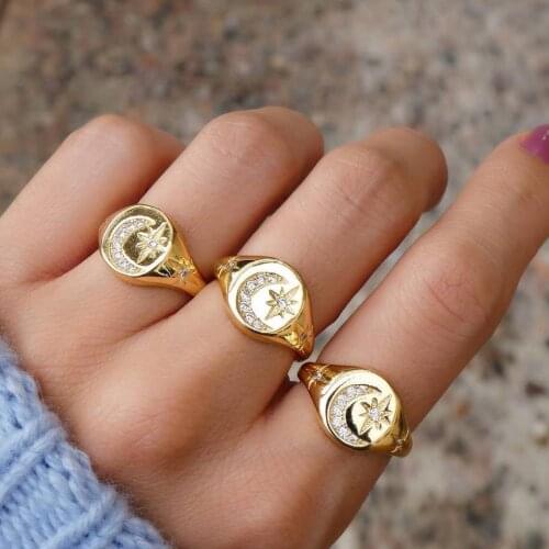 2021 Gold Filled Christmas Gift Engraved Moon Star CZ Paved Starburst Women Fashion Constellation Star Signet Ring US Size 6 7 8