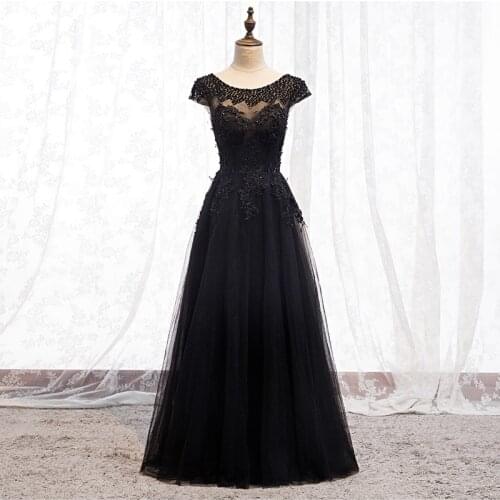 Bespoke Occasion Dresses Illusion O-Neck Short Embroidery Beading Sequined Luxury Black Tulle Women Formal Evening Gown HB136