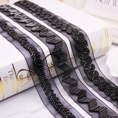 1Yards/Lot Black Beaded Lace Ribbon Lace Fabric beaded fringe Lace Trim Embroidered Collar Decoration African Lace Fabric Sewing