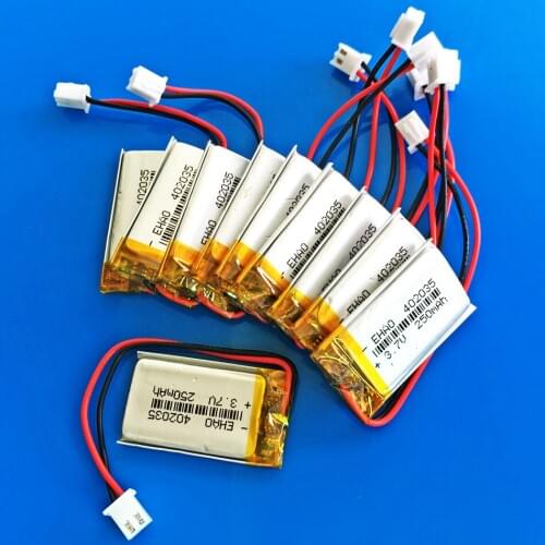 Lot 10 pcs 3.7V 250mAh 402035 JST 2.5mm lithium polymer Lipo rechargeable battery cells for MP3 GPS bluetooth headset video pen