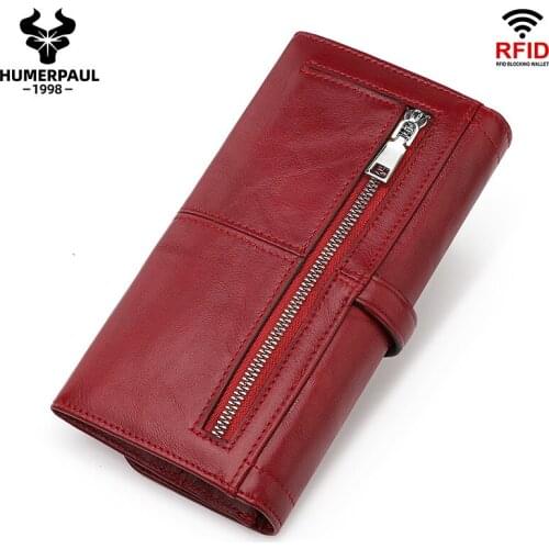 2020 New Rfid Genuine Leather Wallet Women Crazy Horse Long Zipper Wallets Coin Purse Large Capacity Handbag