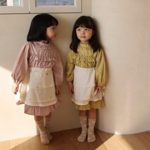 2021 Spring Girls' Korean Childrens Woven Cotton Solid Lace Frill Bubble Long Sleeve Knee Length Dress 2-8 Years Old BBAMMA