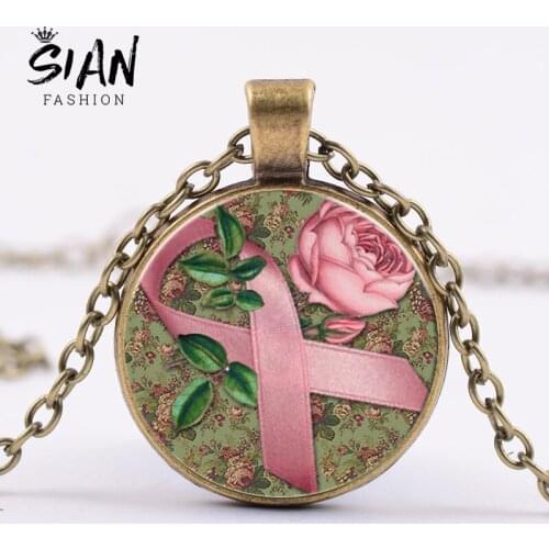SIAN Pink Breast Cancer Awareness Statement Necklace Art Photo Glass Cabochon Necklaces Pendants for Women Jewelry Creative Gift
