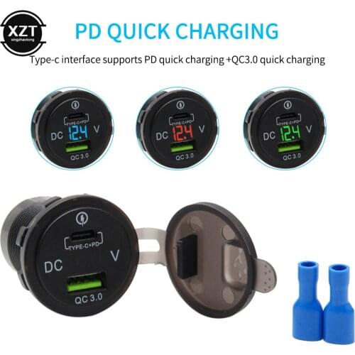 36W Fast PD USB-C Car Charger USB Quick Charge PD QC3.0 Type C Socket W/ LED Digital Voltmeter Universal Power Outlet