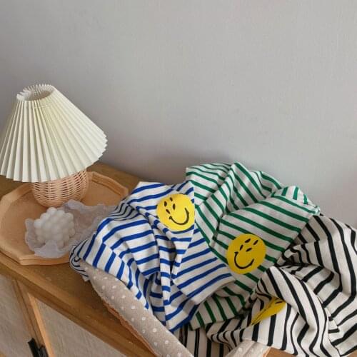 Childrens T-shirt 2021 Autumn New Baby Boys and Girls Striped Smiley Face Bottoming T Shirt Baby O-neck Long-sleeved T-shirt