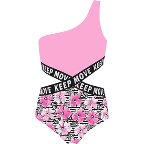 Kids Girls One-piece Swimsuit Asymmetric Single Shoulder Strap Hollow Out Waist Letters Patchwork Beach Swimming Bathing Suit