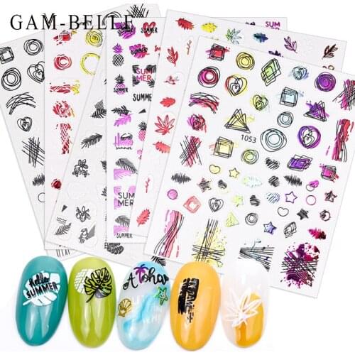 GAM-BELLE Colorful Black Nail Decals Stickers Leaves Flower Geometrics Adhesive Slider For Nails Summer Nail Art Decoration