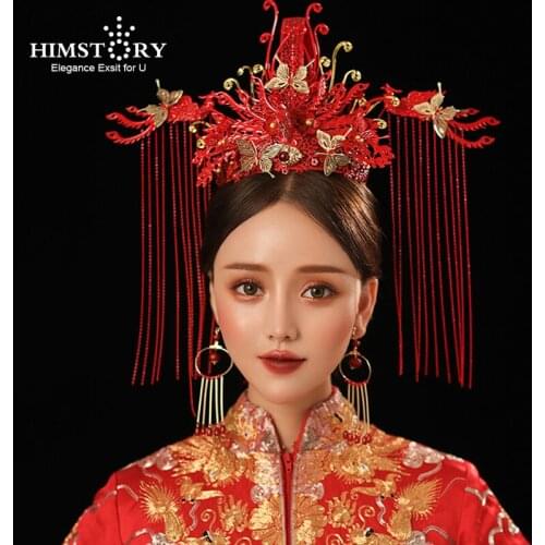 HIMSTORY Luxurious Chinese Classic Bride Headdress Tassels Crown Red Color Womens Hair Accessories Vintage Wedding Jewelry
