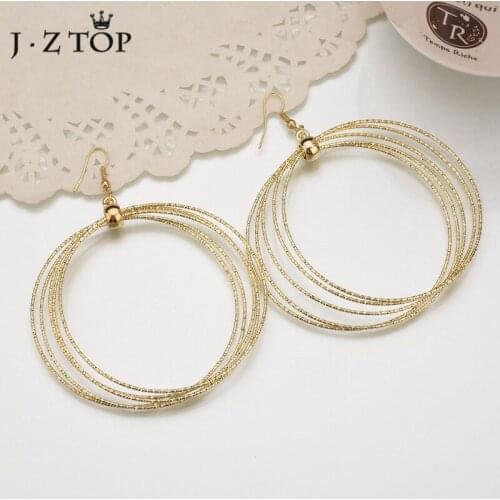 JZTOP Metal Big Circle Hoop Earings for Women Multilayer Gold Silver Color Hollow Round Pendant Long Earrings Fashion Jewelry