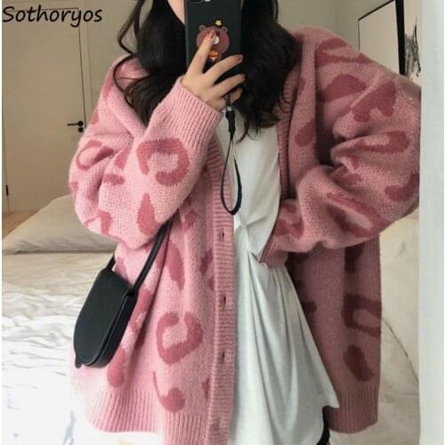 Cardigan Women Plus Size 3XL Loose Leopard Outerwear Chic Autumn Womens Street Wear Sweet Korean Style Warm Fashion Comfortable