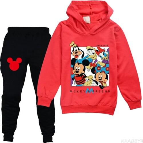 Disney Mickey Mouse Childrens Sweatshirt Set Cartoon Sweater Cotton Hoodies Pants Suit Baby Boys Girls Clothing Sets