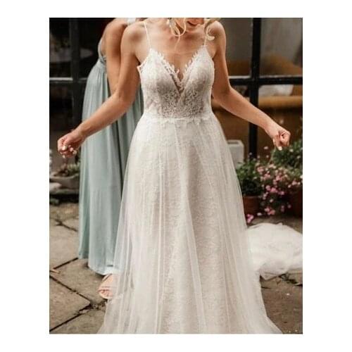 A Line Lace Wedding Dress for Bride V Neck Spaghetti Strap Beach Wedding Bridal Gowns Robe De Soirée De Mariage