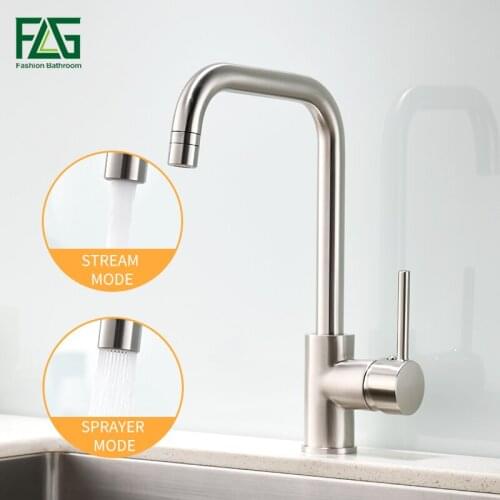 FLG Kitchen Sinks 360 Swivel 2 Function Water Outlet Mixer Brushed Nickel Brass Faucet Cold Hot Mixer Water Tap 1096-33N