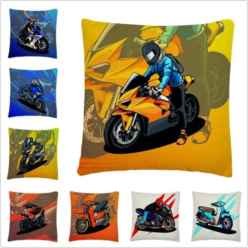 Motorcycle Color Cartoon Pattern Linen Cushion Cover Pillowcase Home Sofa Car Decoration Pillowcase45X45 Cm