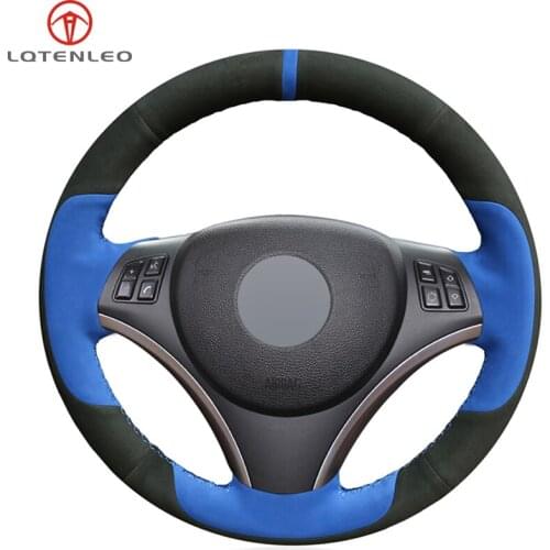 LQTENLEO Black Blue Suede DIY Car Steering Wheel Cover For BMW M Sport 1 Series E87 E81 E82 E88 120i 130i 120d X1 E84