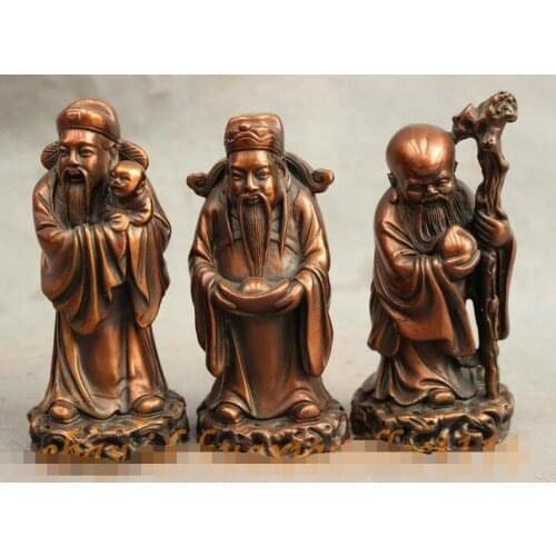 Folk China Pure Bronze Wealth 3 Mammon Longevity God Fu Lu Shou Life Kid Statue