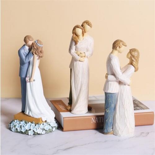 Nordic Imitation Wood Couple Figurines Ornaments Home Decoration Family Parents Child Sculpture Craft Bedroom Wedding Gifts