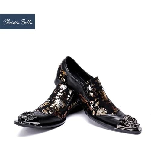 Christia Bella New Mens Luxury Metal Pointed Toe Printing Leather Wedding Dress Shoes Men Loafers Career Work Shoes for Men