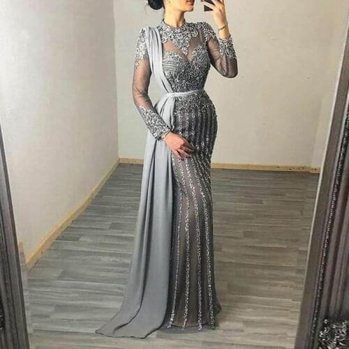 Luxury Muslim Gray Luxury Long Elegant with Detachable Train Mermaid Evening Gowns Dresses For Woman