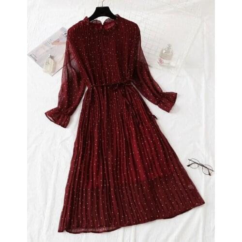 Spring Elegant Polka Dots Print Women Pleated Chiffon Dress Lace Up Vintage Loose A-line Party Long Dress Vestidos Femme