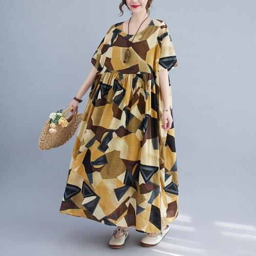 Plus Size Beach Style Dress 2021 New Arrival Short Sleeve Loose Summer dress Soft Cotton Vintage Women Travel Casual Long Dress
