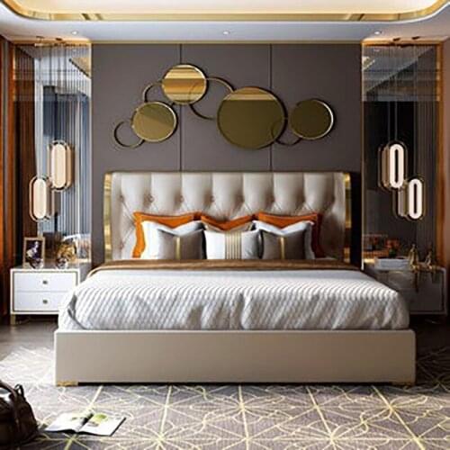 Bed light luxury modern ins net red wedding bed master bedroom double bed post modern Hong Kong style leather bed American first