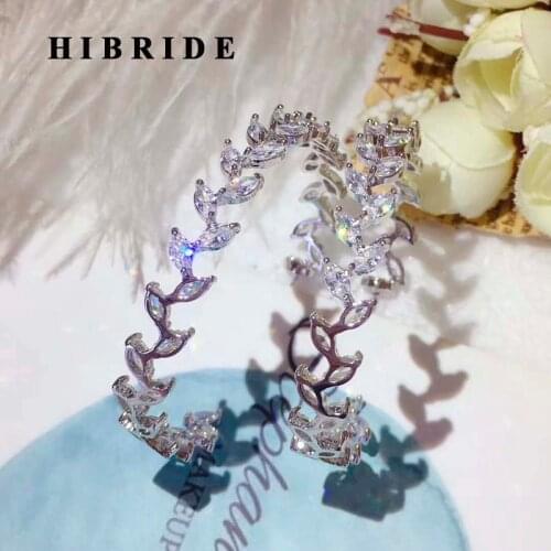 HIBRIDE Luxury Leaf Shape Baguette Hoop Earrings For Women Bridal Wedding Brincos Party American Hoop Earring Wholesale E-940