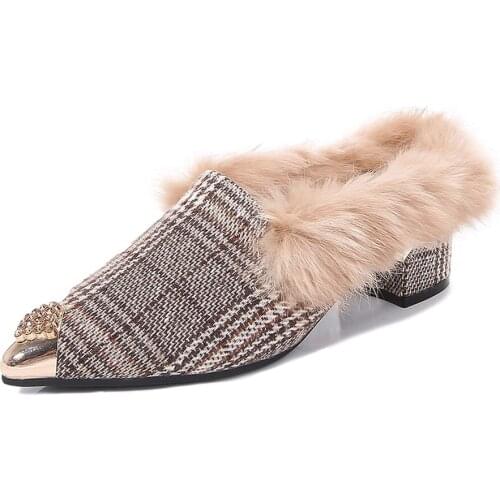 OLOMLB Womens Pointy Metal Toe Real Rabbit Fur Furry Mules Plaid Check Slipper Slides Block Heel Shoes Warm Winter Snow Luxury