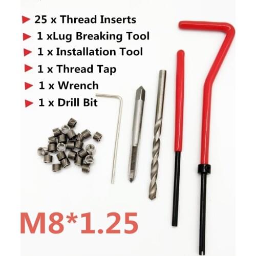 25pcs Car Pro Coil Drill Tool Metric Thread Repair Insert Kit M8 for Helicoil Car Repair Tools Coarse Crowbar