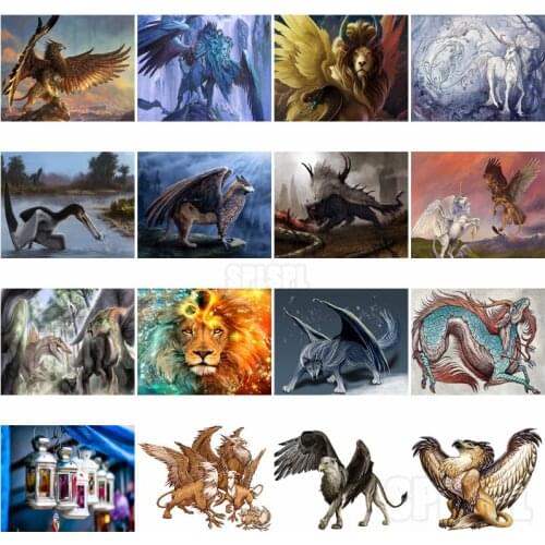 5D Diamond Painting Elf Winged Lion Deer Blue Scaled Dragon Eagle Head Wings Lion Body Looks Strange Animals Home Decor Pictures