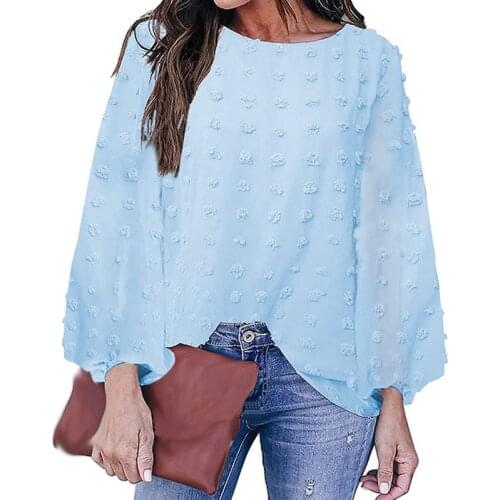 Women Tops Summer Women Chiffon Blouses Long Puff Sleeve O-Neck Loose Lady Tunics Blusas Feminin