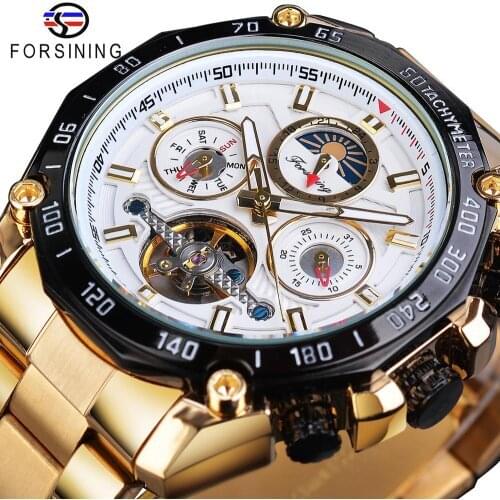 Forsining Classic Golden Tourbillon Mechanical Watch Mens Automatic Moonphase Calendar Stainless Steel Belts Clock Reloj Hombre