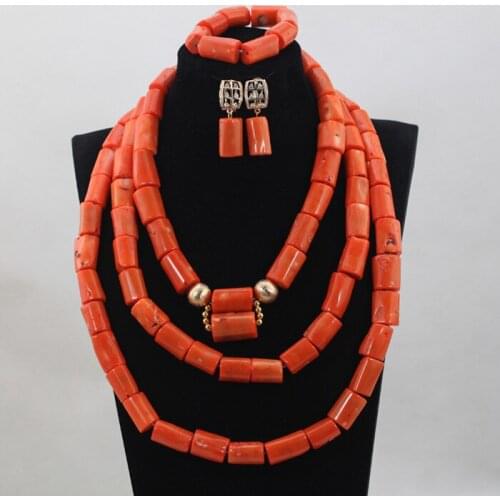 The Design Of The Top Nigerian African Wedding Bridal/Women 3 Layer Orange Coral Beads Necklace Jewelry Set Free Shipping CJ798
