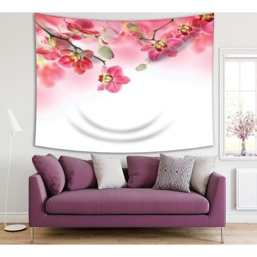 Tapestry Orchids Branches Tropical Flowers Buds on Becomes Blurred Background Decorating Photo Printed Pink White