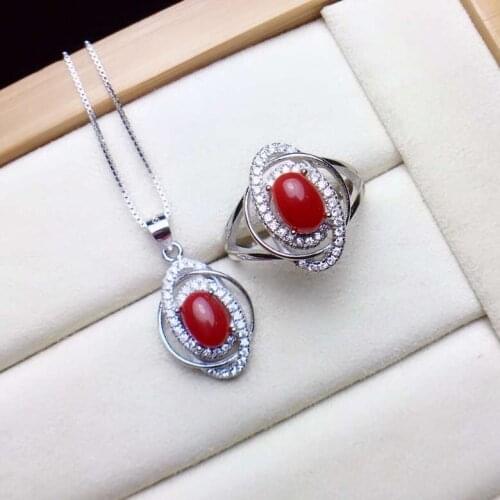 KJJEAXCMY boutique jewelry 925 sterling silver inlaid natural red coral gemstone luxury Pendant Necklace Ring suit support dete