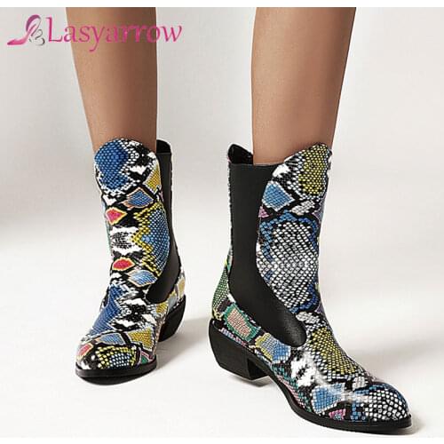 Lasyarrow Womens Pointy Toe Snake Pattern Stitching PU Leather Ankle Boots Chunky Heel Shoes Mixed Colors Plus Size 34-48