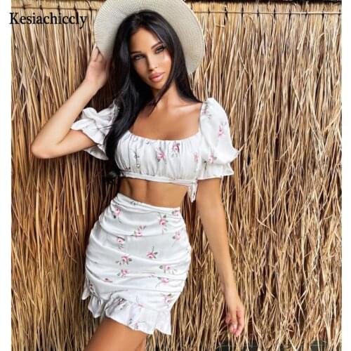 Kesiachiccly Off-shoulder Vintage Printed Summer Dress Women Short Butterfly Sleeve Mini Party Dress Sexy Ruffle Fashion Dresses