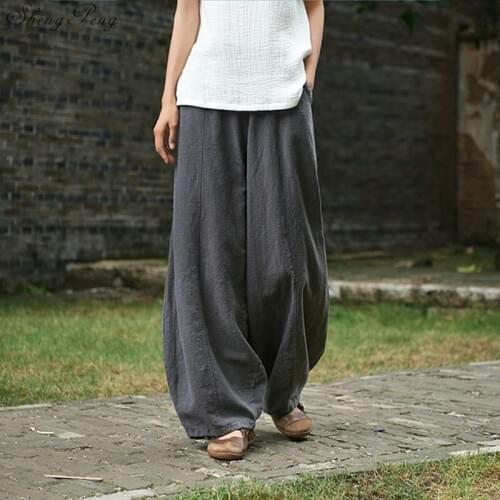 Linen pants women linen clothes for women elastic waist comfortably solid wide leg white linen pants free size V1343