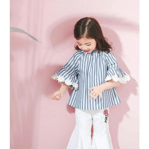 Fashion Stripe Lace Side Shirts for Girl New Children Half Sleeve Blouses Clothes Girl Top Tees Lovely Shirt for Baby Girls Tops