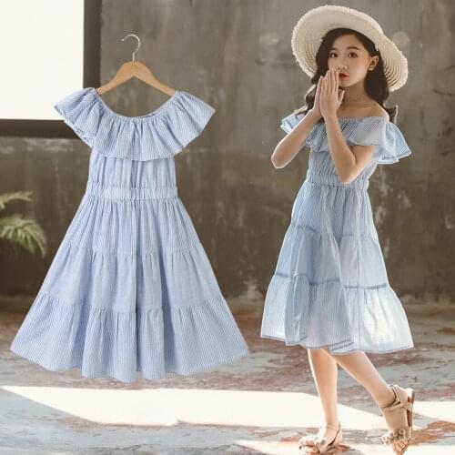 Wedding Blue Sleeveless Girl Dress Cotton Summer Off Party Shoulder Newborn Girls Dress Flower Robe Enfant Girls Clothing BW50DR